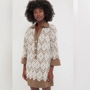 Tuckernuck Taupe and White Crochet Shift Dress
